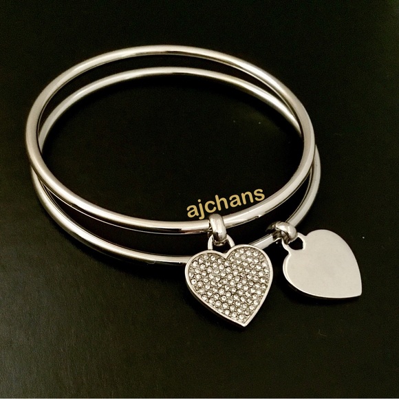 NEW Michael Kors Silver Tone Two Hearts Charms Bangle Set - Picture 2 of 4